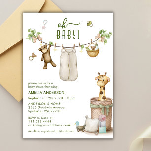 Boho Floral Jungle Clothline Animals Baby Shower Invitation