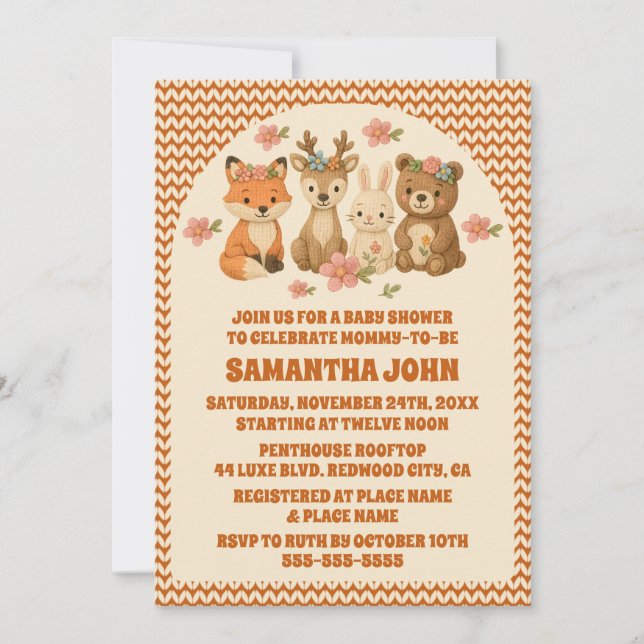 Boho Floral Knitted Woodland Animals Baby Shower Invitation (Front)