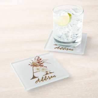 Boho Floral letter A Monogram Wedding Favour Glass Coaster
