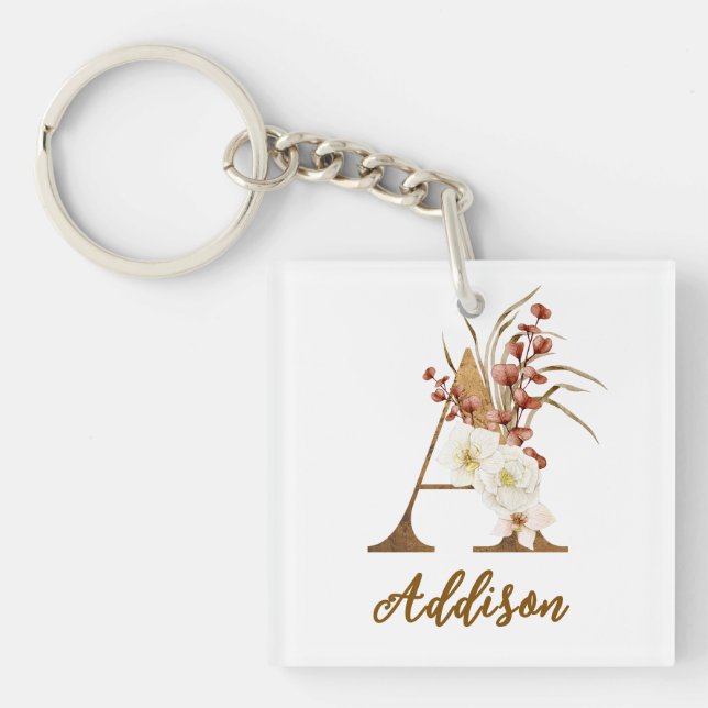 Boho Floral letter A Monogram Wedding Favour Key Ring (Front)