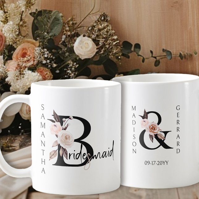 Boho Floral Letter Bridesmaid Coffee Mug (Bridal party gift to personalize for your Bridesmaid)