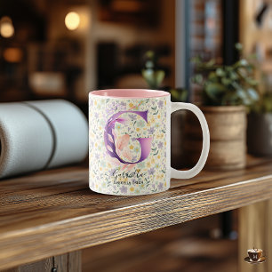 Boho floral letter G monogram art Two-Tone Coffee Mug