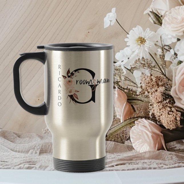 Boho Floral Letter Groomsman Travel Mug (Personalized Groomsman travel mug with boho floral letters)