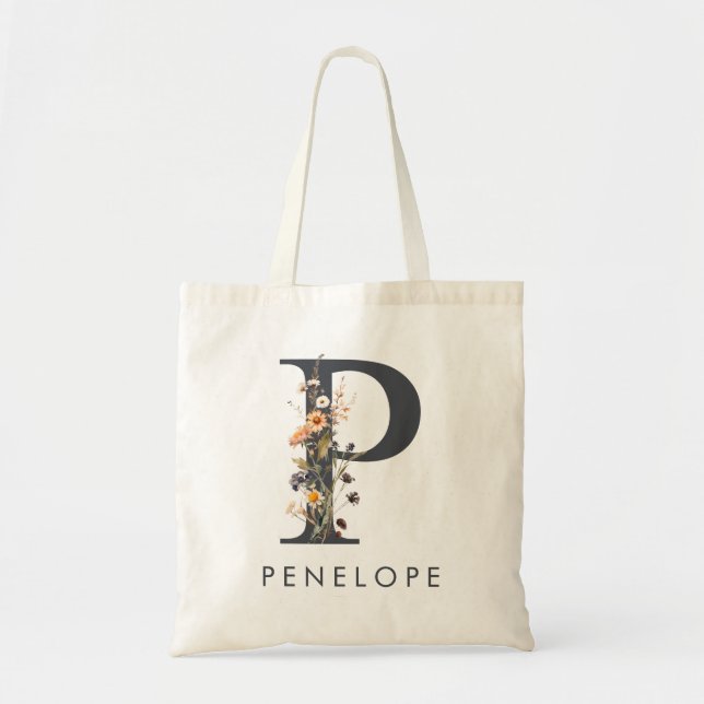 Boho Floral Letter P Tote Bag (Front)