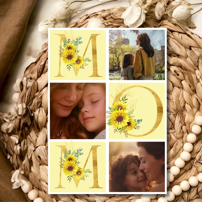 Boho floral letters mom three photos Mother's day Holiday Card (Creator Uploaded)