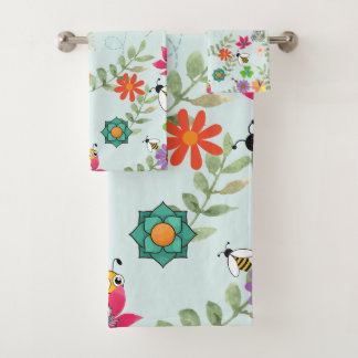 Boho Floral Light Green Background Pattern  Bath Towel Set