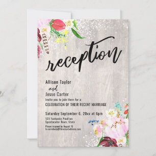 Boho Floral Lights Rustic Wood Wedding Reception Invitation