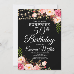 Boho Floral & Lights Surprise 50th Birthday Invitation