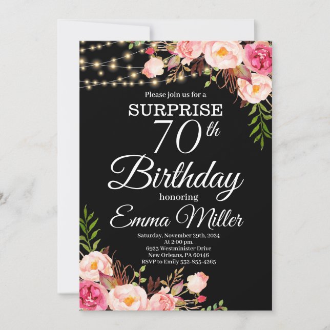 Boho Floral & Lights Surprise 70th Birthday Invitation (Front)