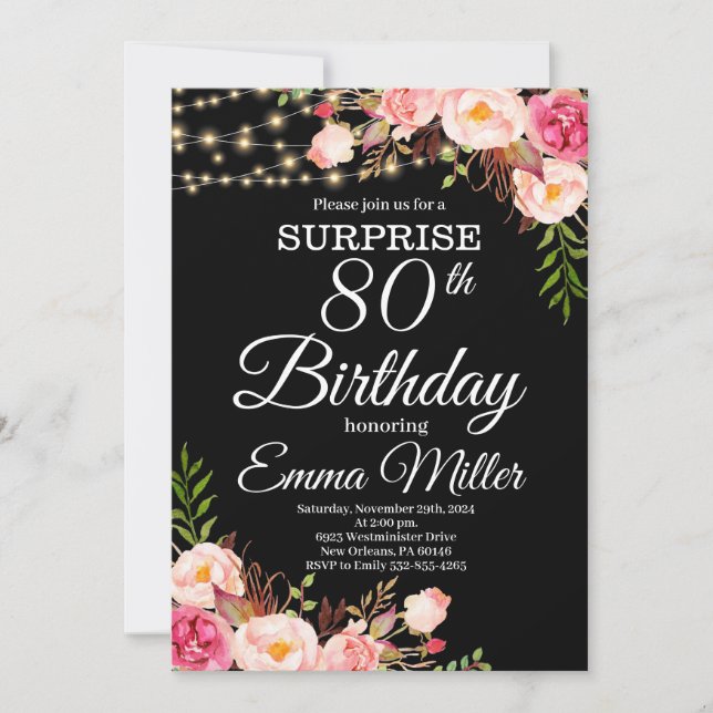 Boho Floral & Lights Surprise 80th Birthday Invitation (Front)