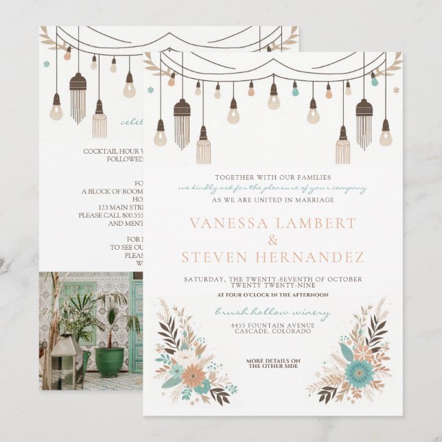 Boho Floral Lights Wedding Invitation (Front/Back)