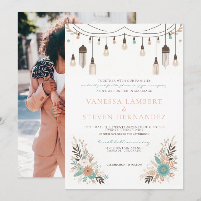 Boho Floral Lights Wedding Invitation (Front/Back)