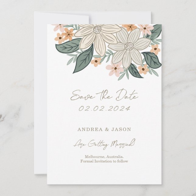 Boho floral, line hand drawn flower save the date (Front)