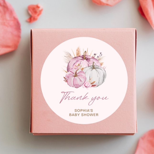 Boho Floral Little Pink Pumpkins Baby Shower Classic Round Sticker (Creator Uploaded)