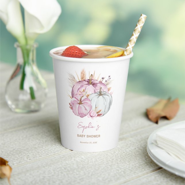 Boho Floral Little Pink Pumpkins Baby Shower Paper Cups (Insitu)