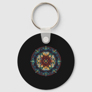 Boho Floral Lotus Mystic Circle Mandala Pattern Key Ring