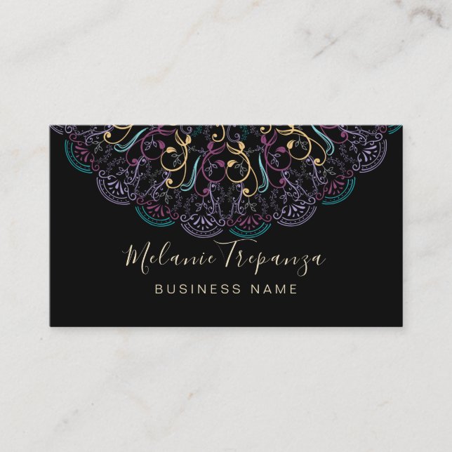 Boho  floral mandala on black for professional business card (Front)