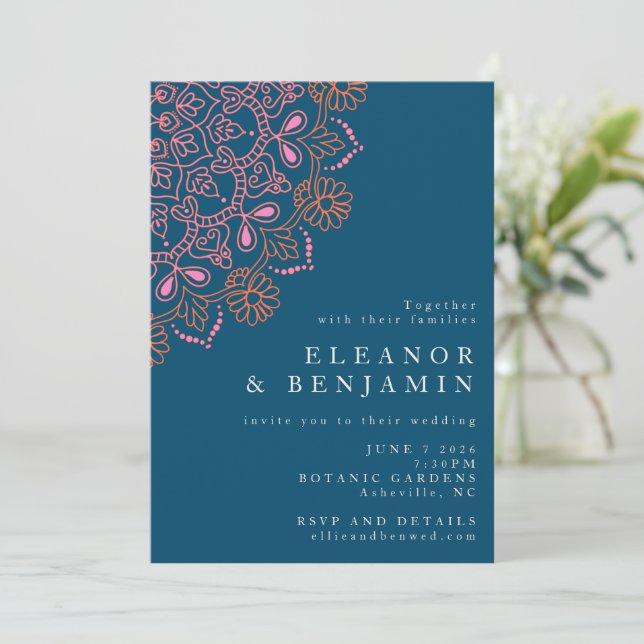 Boho Floral Mandala Teal Blue Elegant Wedding Invitation (Standing Front)