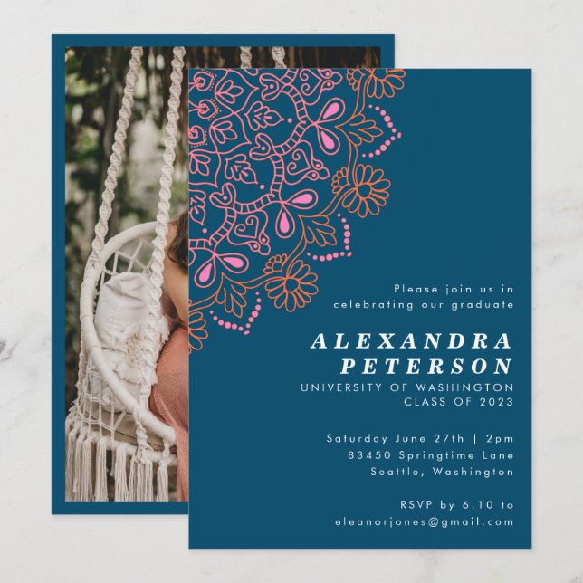 Boho Floral Mandala Teal Blue Graduation Party Invitation (Front/Back)