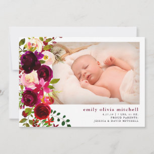 Boho Floral   Marsala Photo Birth Announcement