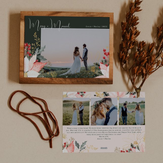 Boho Floral Merry and Married Four Photo Christmas Holiday Card (Creator Uploaded)