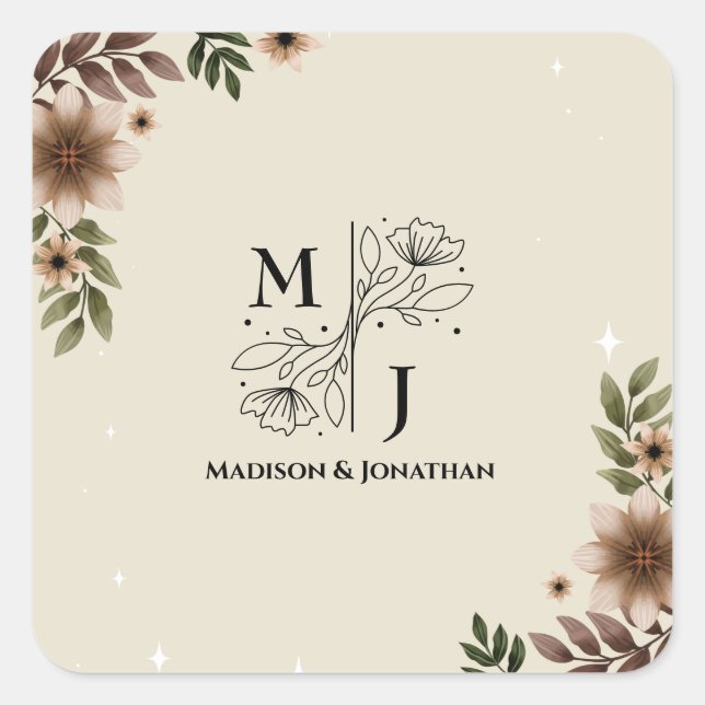 Boho Floral Minimalist Wedding Square Sticker (Front)