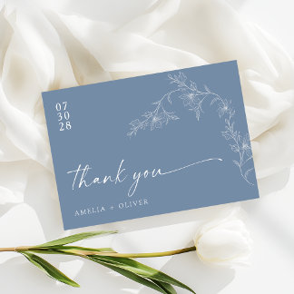 Boho Floral Modern Dusty Blue Wedding Thank You Card