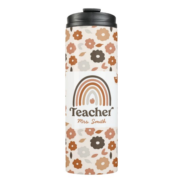 Boho Floral Modern Rainbow Teacher Apple Thermal Tumbler (Front)