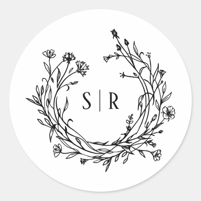 Boho Floral Monogram Custom Wedding Classic Round Sticker (Front)