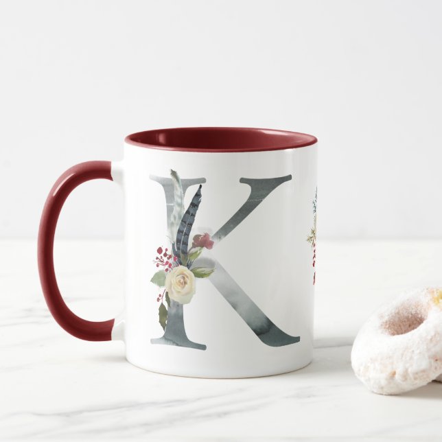 Boho Floral Monogram K Coffee Mug (With Donut)