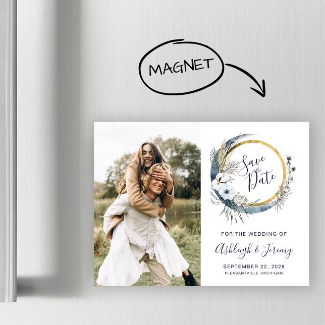 Boho Floral Moon Photo Save the Date Magnetic Card (Creator Uploaded)
