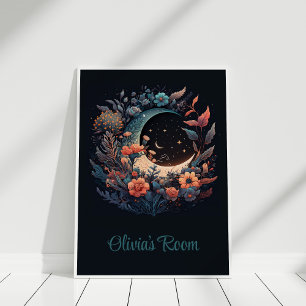 Boho Floral Moon with Custom Name Poster