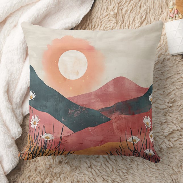 Boho Floral Mountain Sunset – Rustic Nature Cushion (Blanket)