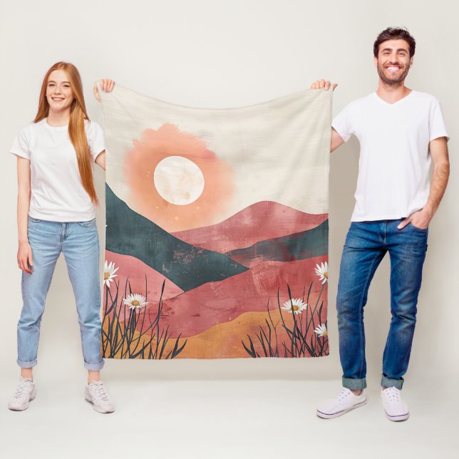 Boho Floral Mountain Sunset – Rustic Nature Fleece Blanket (In Situ)