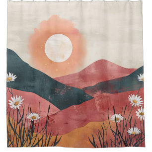 Boho Floral Mountain Sunset – Rustic Nature Shower Curtain