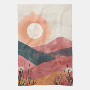Boho Floral Mountain Sunset – Rustic Nature Tea Towel