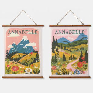 Boho Floral Mountains Illustration First Name Hanging Tapestry