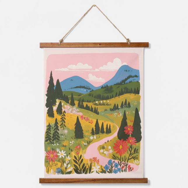 Boho Floral Mountains Landscape Illustration Hanging Tapestry (Front)