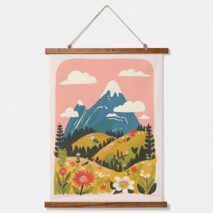 Boho Floral Mountains Landscape Illustration Hanging Tapestry