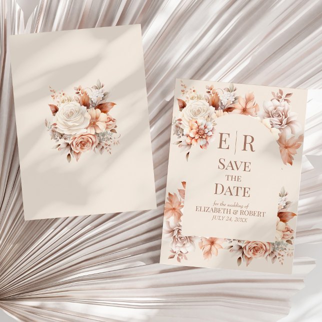 Boho Floral Mousse Monogram Wedding Save the Date Invitation (Boho Floral Mousse Monogram Wedding Save the Date Invitation on a sunny neutral dry palm leaf.)