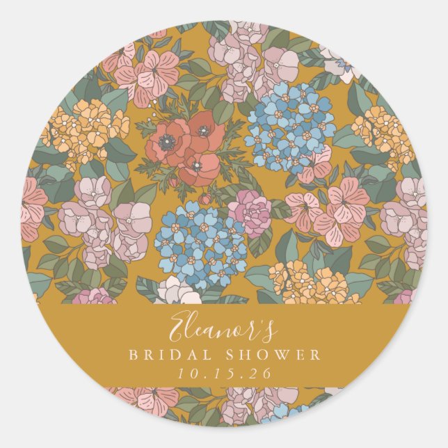 Boho Floral Mustard Yellow Custom Bridal Shower  Classic Round Sticker (Front)