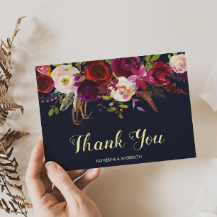 Boho Floral Navy Marsala Fall Wedding Thank You Card