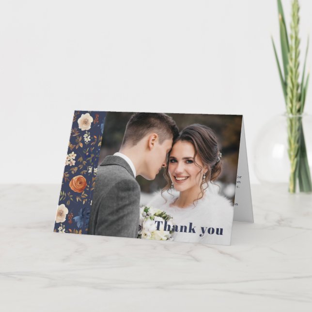 Boho Floral Navy Photo Wedding  Thank You Card (Front)