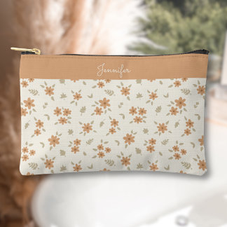 Boho Floral Neutral Ditsy Flower Print Name Beige Accessory Pouch