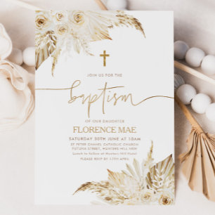 Boho Floral Neutral Girls Baptism Christening   Invitation