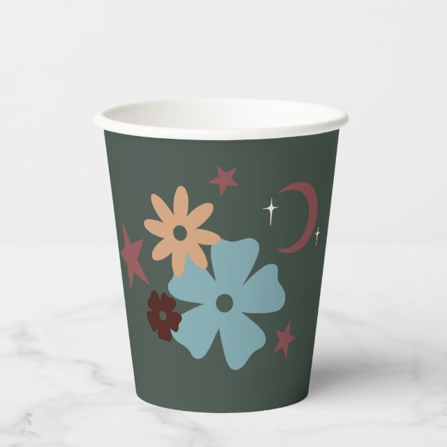 Boho Floral Neutral Olive Green Paper Cups (Front)