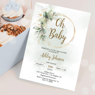 Boho Floral Oh Baby Green and Gold Baby Shower Invitation