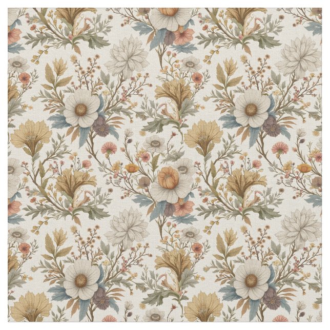 Boho Floral on Beige Fabric (Close Up)