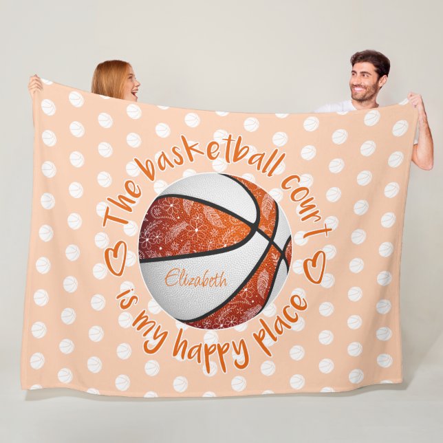 boho floral orange basketball court happy place fleece blanket (In Situ)