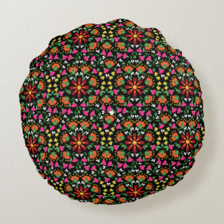 Boho Floral Orange Pink Black Green Round Cushion